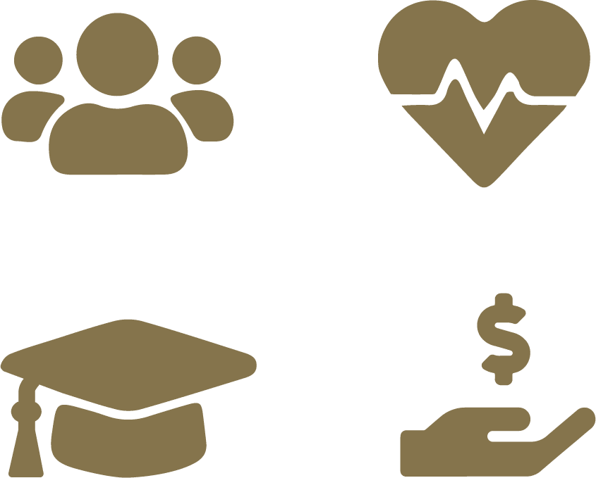 Small icons representing the four pillars (mentoring, education, health & wellness, economic empowerment)